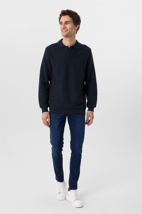 Lacivert Regular Armürlü Polo Yaka Sweatshirt