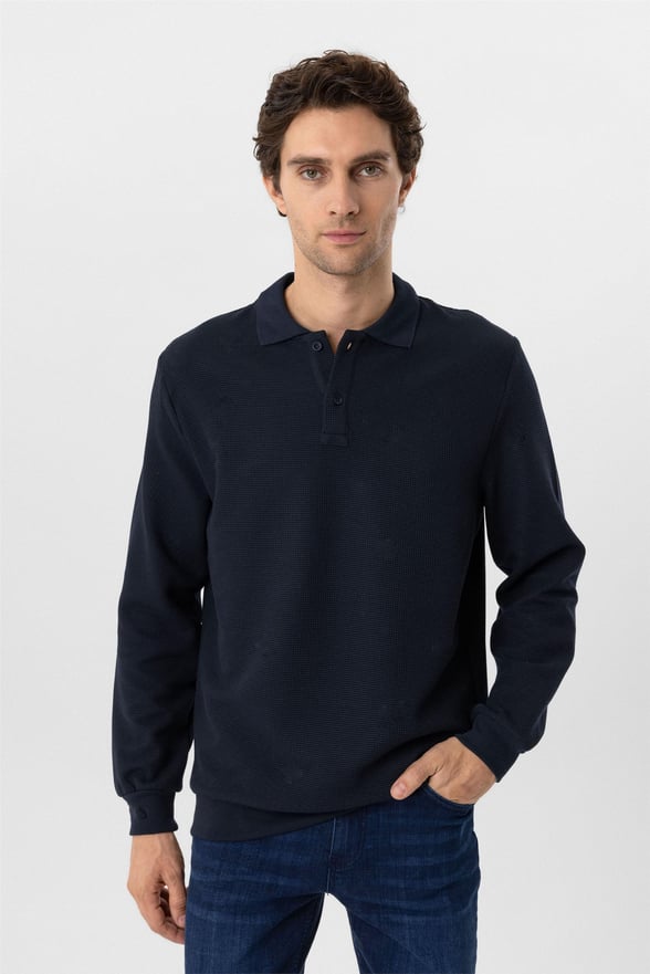 Lacivert Regular Armürlü Polo Yaka Sweatshirt