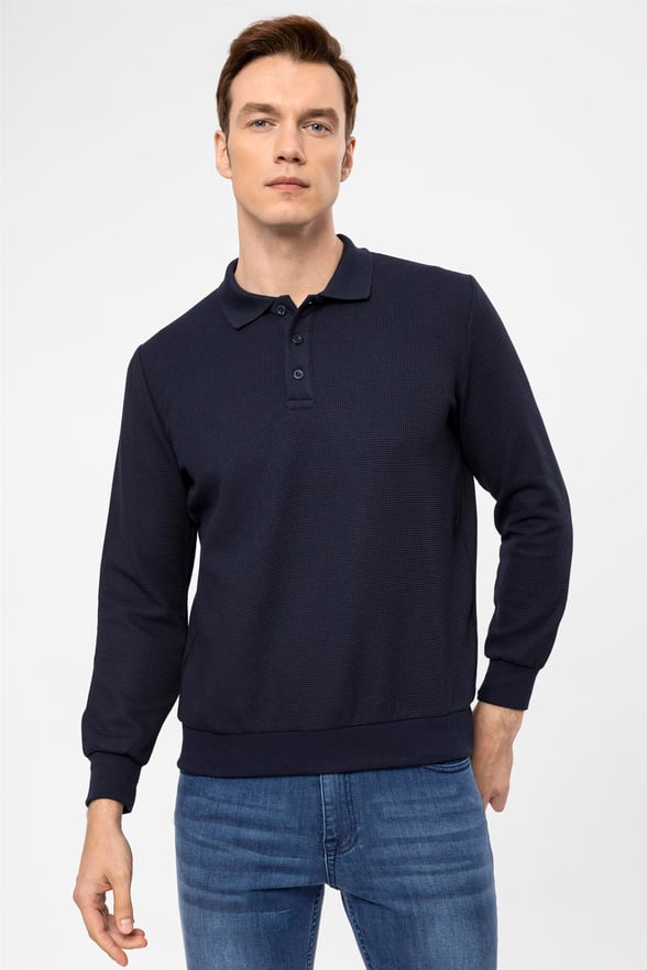 Lacivert Regular Armürlü Polo Yaka  Sweatshirt