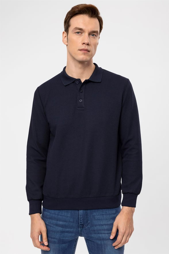 Lacivert Regular Armürlü Polo Yaka  Sweatshirt