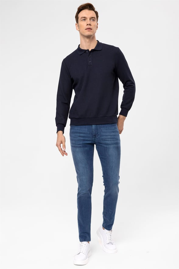 Lacivert Regular Armürlü Polo Yaka  Sweatshirt