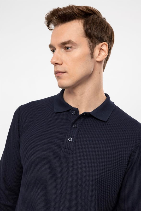 Lacivert Regular Armürlü Polo Yaka  Sweatshirt
