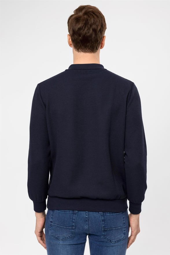 Lacivert Regular Armürlü Polo Yaka  Sweatshirt
