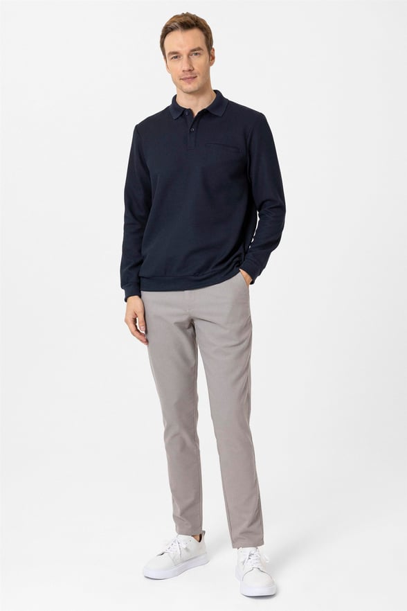 Lacivert Regular Armürlü Polo Yaka Triko