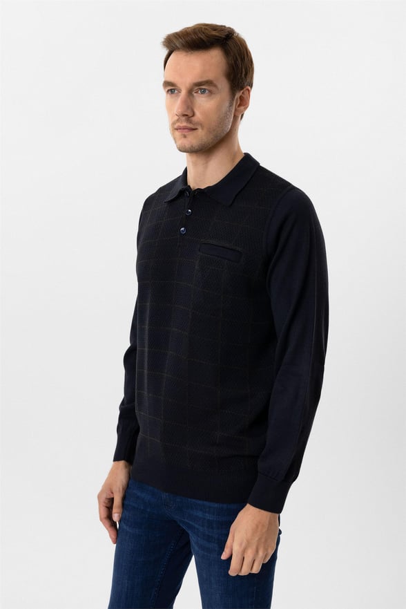 Lacivert Regular Armürlü Polo Yaka Triko