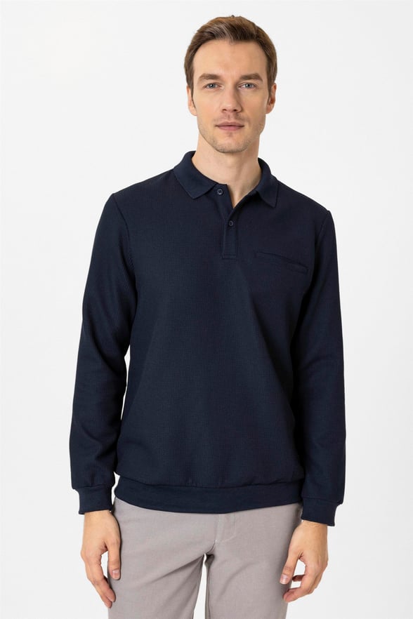 Lacivert Regular Armürlü Polo Yaka Triko