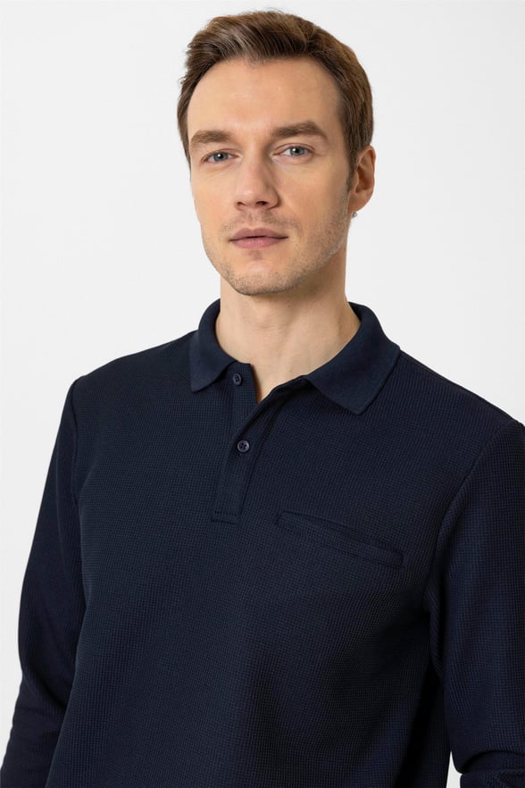 Lacivert Regular Armürlü Polo Yaka Triko