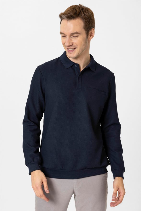 Lacivert Regular Armürlü Polo Yaka Triko