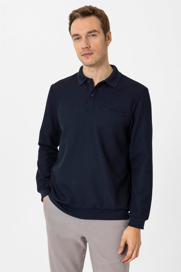 Lacivert Regular Armürlü Polo Yaka Triko