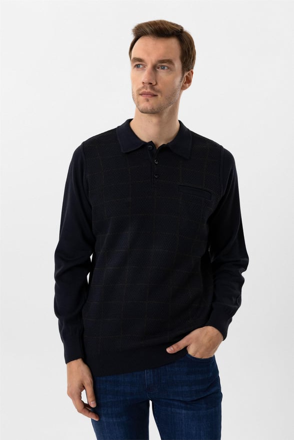 Lacivert Regular Armürlü Polo Yaka Triko