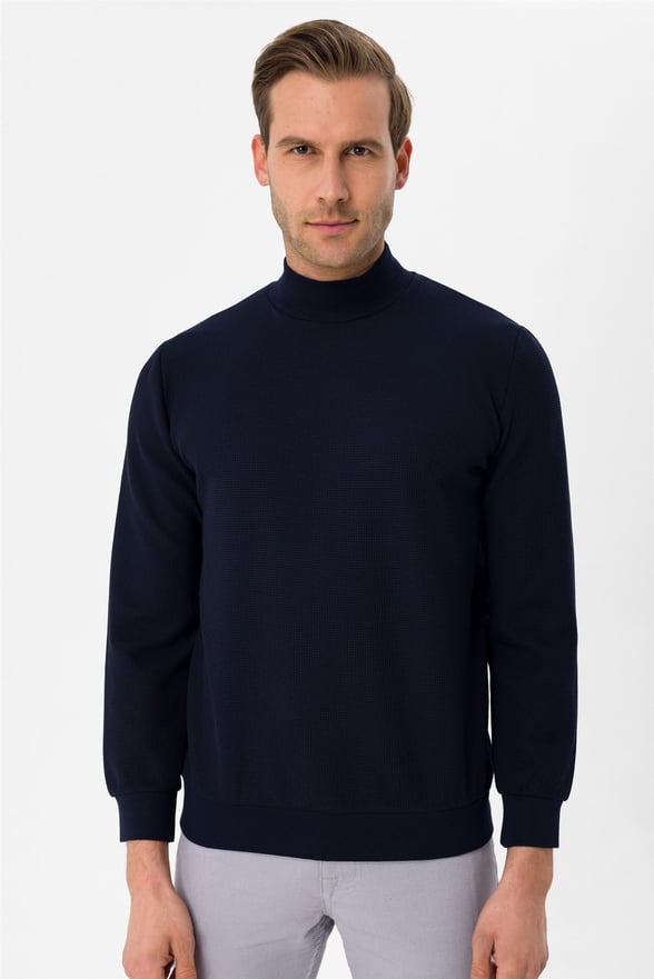 Lacivert Regular Armürlü Yarım Balıkçı Yaka  Sweatshirt