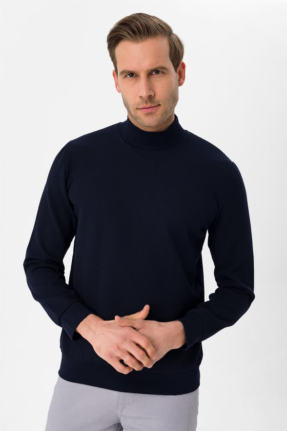 Lacivert Regular Armürlü Yarım Balıkçı Yaka  Sweatshirt