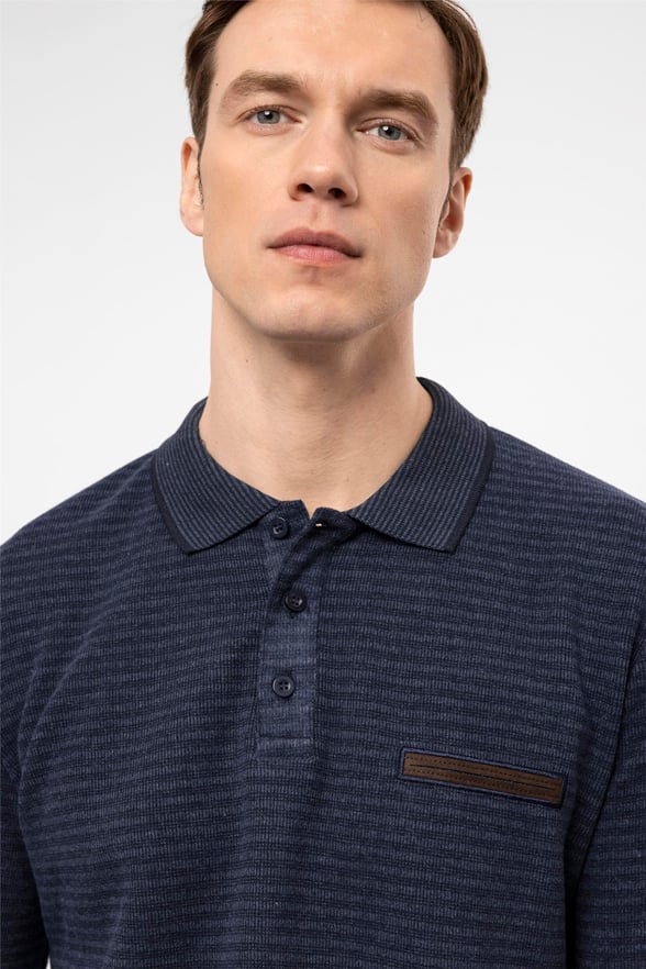 Lacivert Regular Çizgili Polo Yaka  Triko