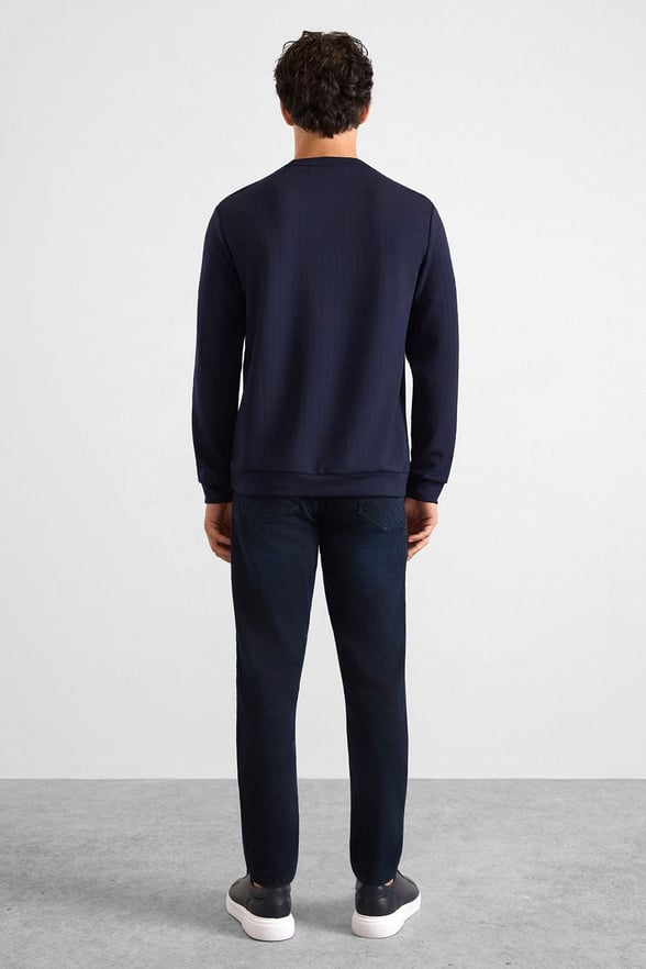 Lacivert Regular Dikey Çizgili Baskısız Jakarlı Bisiklet Yaka Cepsiz Düz Sweatshirt