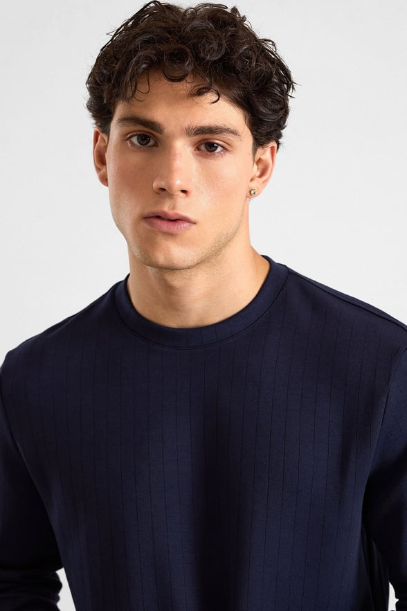 Lacivert Regular Dikey Çizgili Baskısız Jakarlı Bisiklet Yaka Cepsiz Düz Sweatshirt