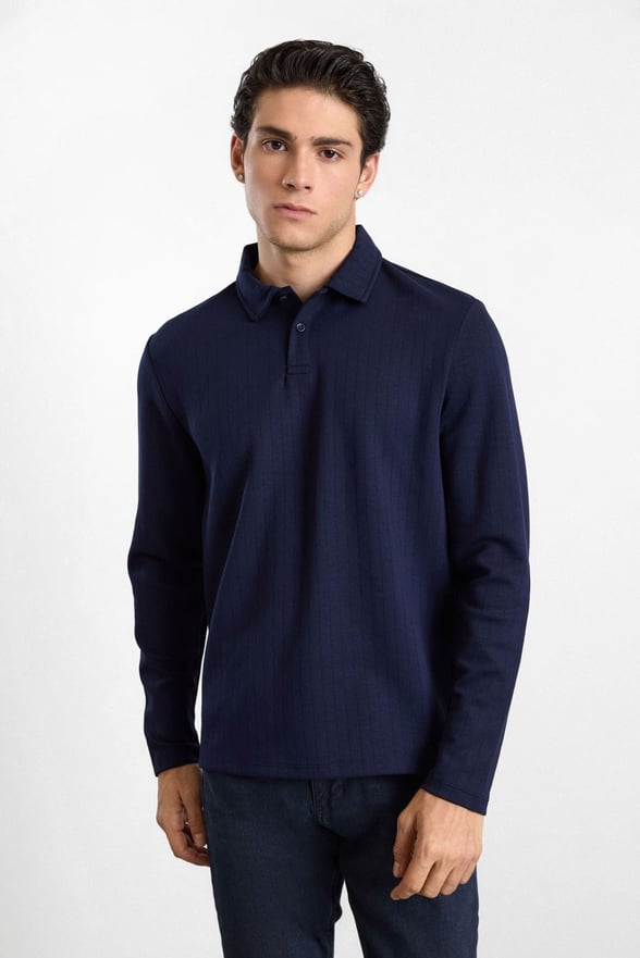 Lacivert Regular Dikey Çizgili Baskısız Jakarlı V Pat Polo Yaka Cepsiz Sweatshirt