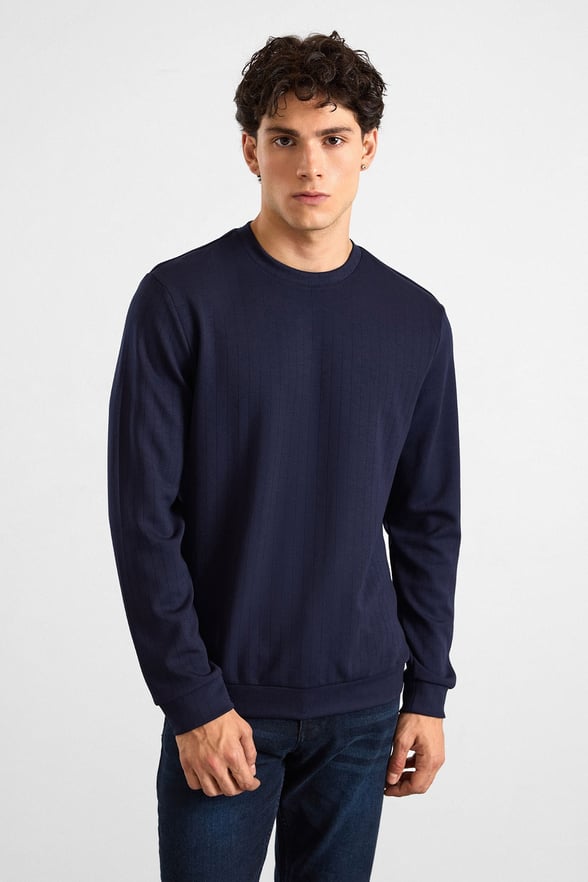 Lacivert Regular Dikey Çizgili Baskısız Jakarlı Bisiklet Yaka Cepsiz Düz Sweatshirt