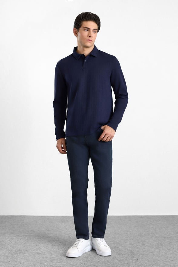 Lacivert Regular Dikey Çizgili Baskısız Jakarlı V Pat Polo Yaka Cepsiz Sweatshirt