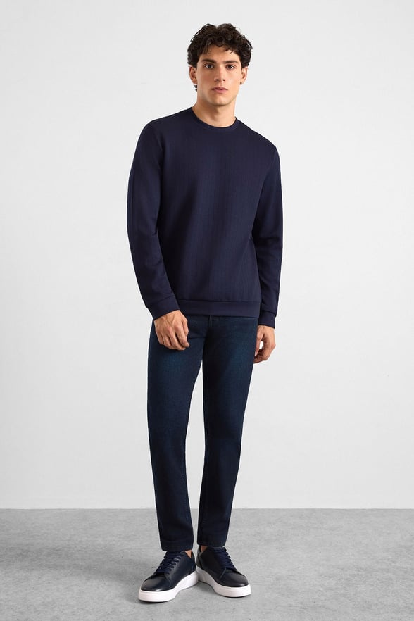 Lacivert Regular Dikey Çizgili Baskısız Jakarlı Bisiklet Yaka Cepsiz Düz Sweatshirt