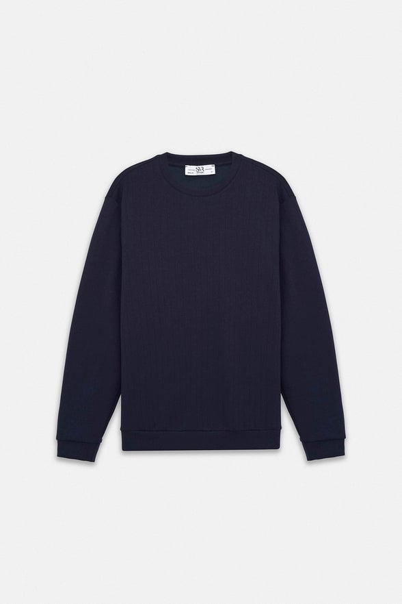 Lacivert Regular Dikey Çizgili Baskısız Jakarlı Bisiklet Yaka Cepsiz Düz Sweatshirt