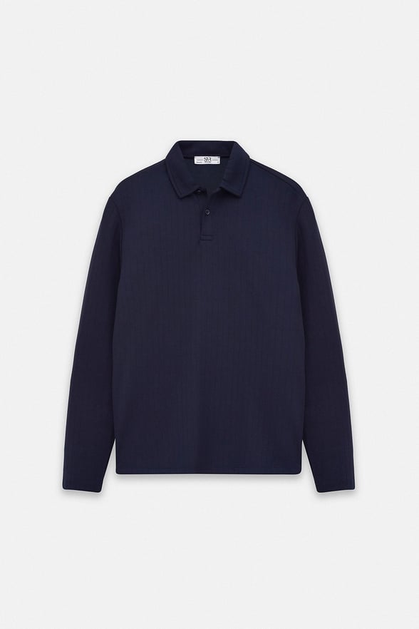 Lacivert Regular Dikey Çizgili Baskısız Jakarlı V Pat Polo Yaka Cepsiz Sweatshirt