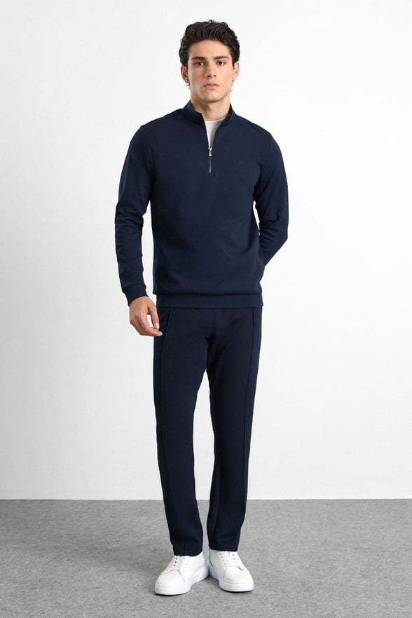 Lacivert Regular Düz Baskılı İnterlok Dik Yaka Cepsiz Sweatshirt