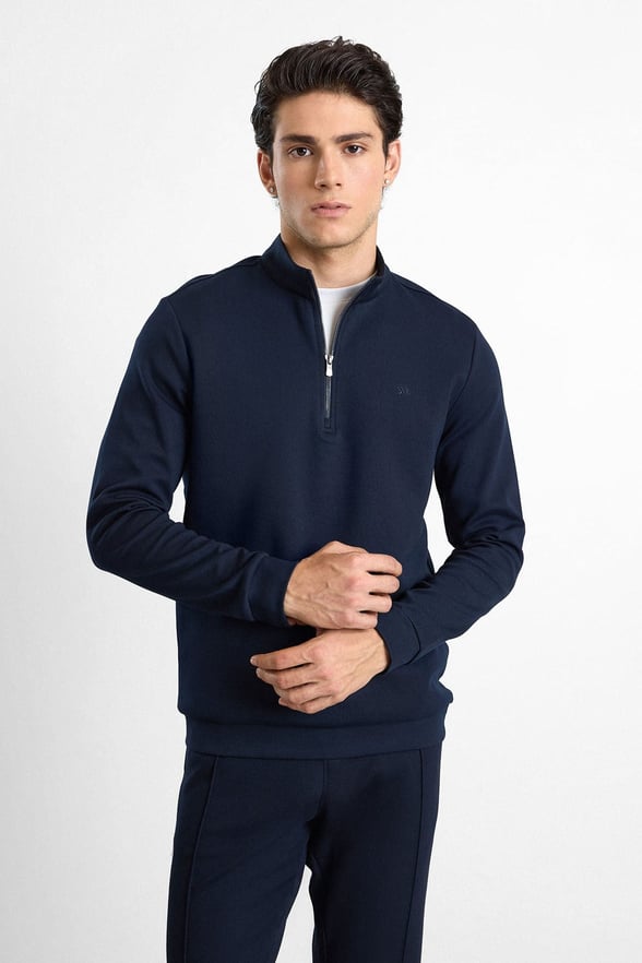 Lacivert Regular Düz Baskılı İnterlok Dik Yaka Cepsiz Sweatshirt