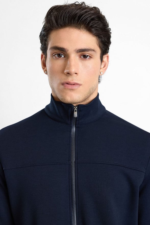 Lacivert Regular Düz Baskılı İnterlok Fermuarlı Dik Yaka Cepli Sweatshirt