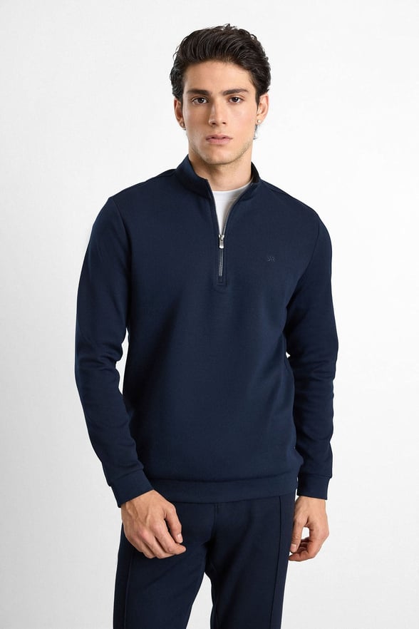 Lacivert Regular Düz Baskılı İnterlok Dik Yaka Cepsiz Sweatshirt