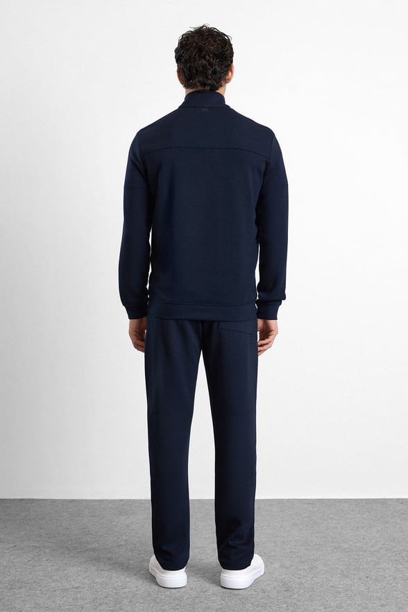 Lacivert Regular Düz Baskılı İnterlok Fermuarlı Dik Yaka Cepli Sweatshirt