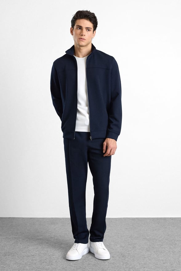 Lacivert Regular Düz Baskılı İnterlok Fermuarlı Dik Yaka Cepli Sweatshirt