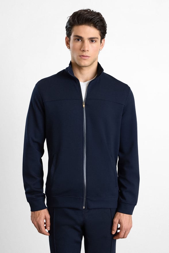 Lacivert Regular Düz Baskılı İnterlok Fermuarlı Dik Yaka Cepli Sweatshirt