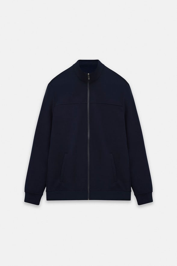 Lacivert Regular Düz Baskılı İnterlok Fermuarlı Dik Yaka Cepli Sweatshirt