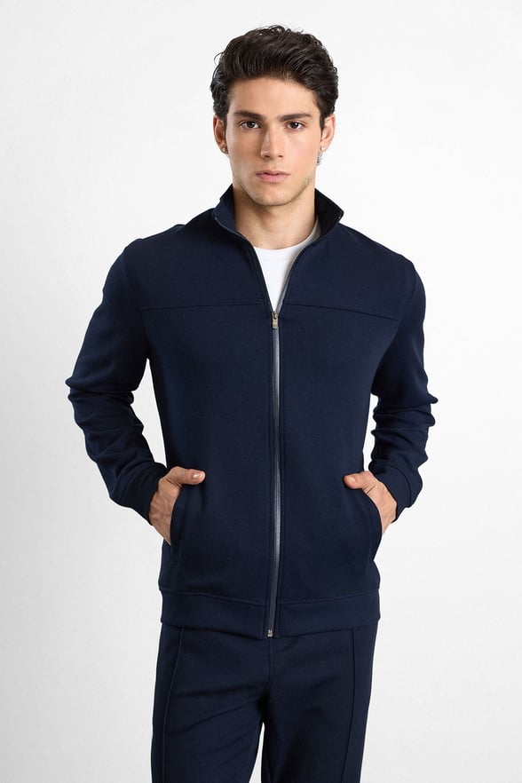 Lacivert Regular Düz Baskılı İnterlok Fermuarlı Dik Yaka Cepli Sweatshirt