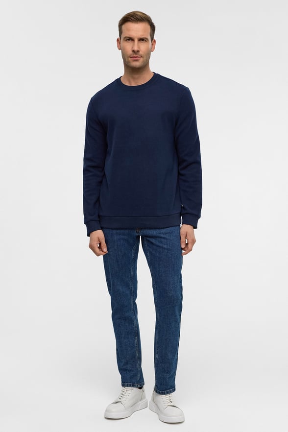 Lacivert Regular Düz Bisiklet Yaka Sweatshirt