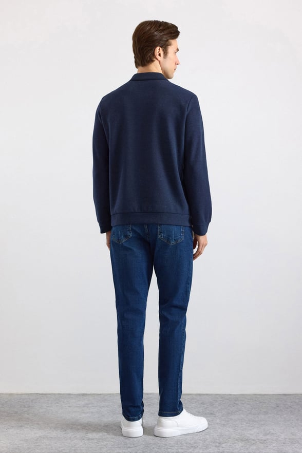 Lacivert Regular Düz Fermuarlı Polo Yaka Sweatshirt