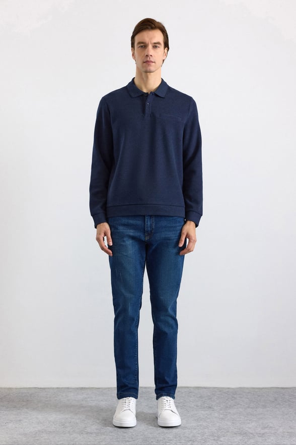 Lacivert Regular Düz Fermuarlı Polo Yaka Sweatshirt