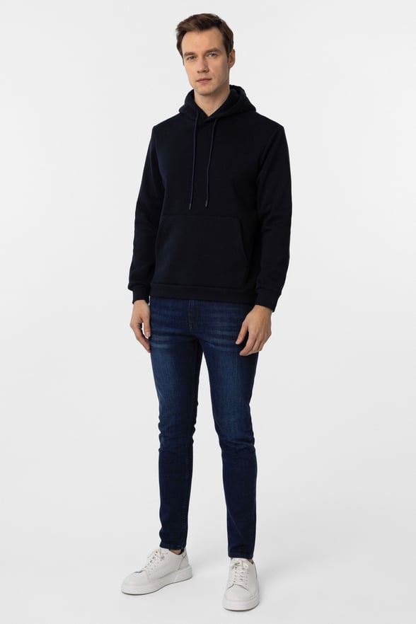 Lacivert Regular Düz Kapüşonlu Yaka Sweatshirt