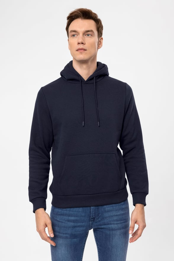Lacivert Regular Düz Kapüşonlu Yaka Sweatshirt