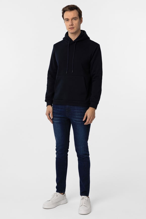 Lacivert Regular Düz Kapüşonlu Yaka Sweatshirt