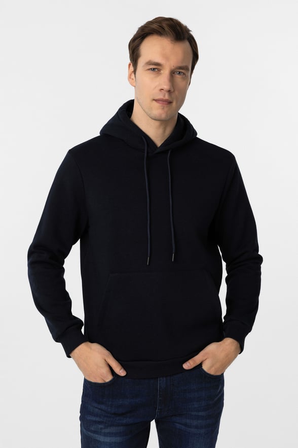 Lacivert Regular Düz Kapüşonlu Yaka Sweatshirt