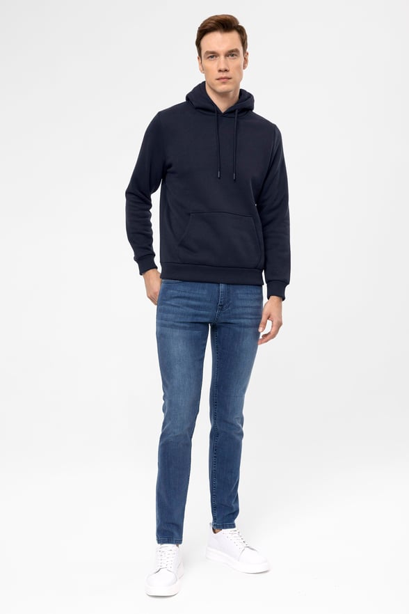 Lacivert Regular Düz Kapüşonlu Yaka Sweatshirt