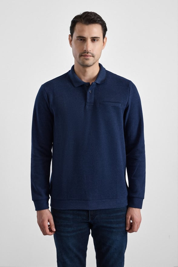 Lacivert Regular Düz Polo Yaka Sweatshirt