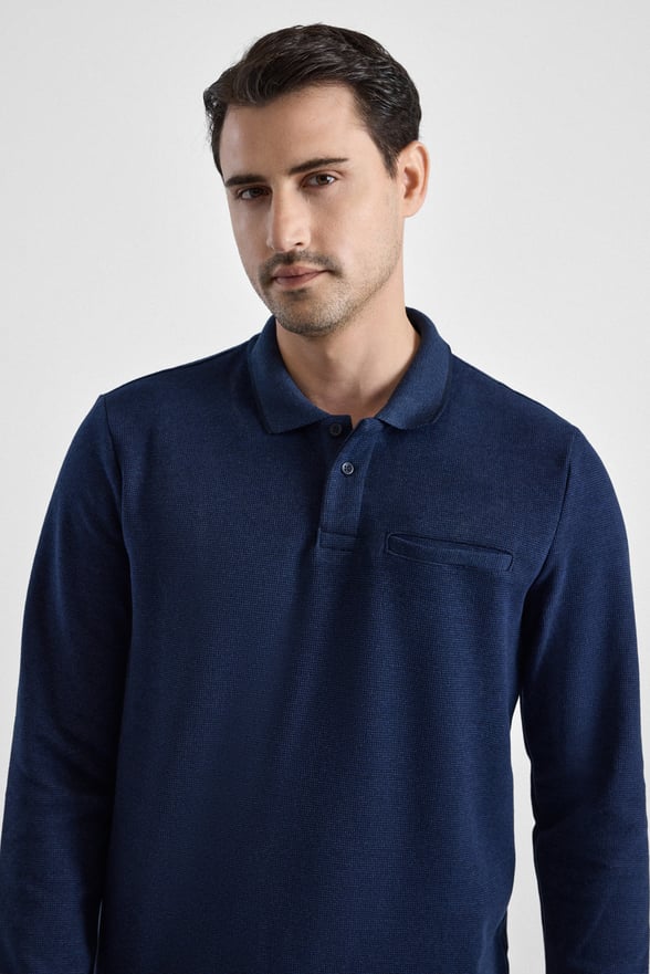Lacivert Regular Düz Polo Yaka Sweatshirt