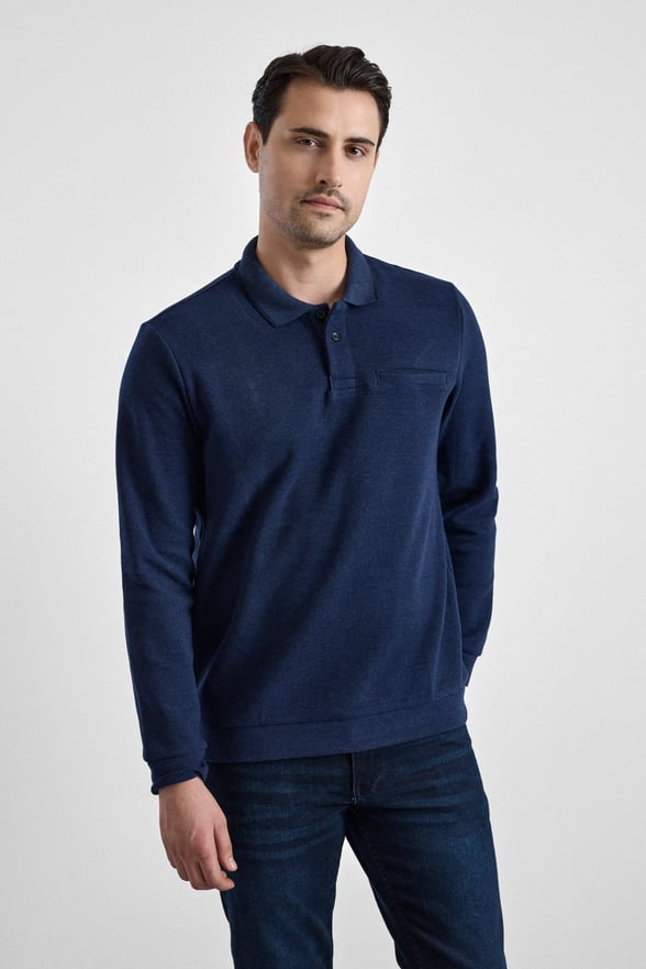 Lacivert Regular Düz Polo Yaka Sweatshirt
