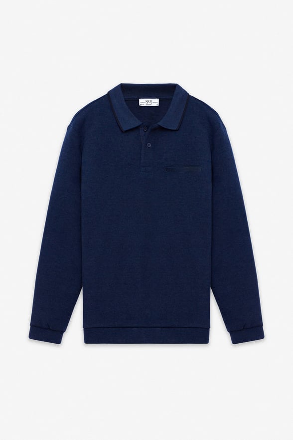 Lacivert Regular Düz Polo Yaka Sweatshirt
