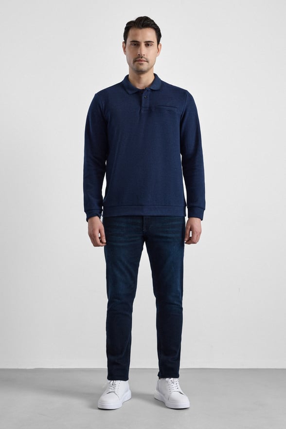 Lacivert Regular Düz Polo Yaka Sweatshirt