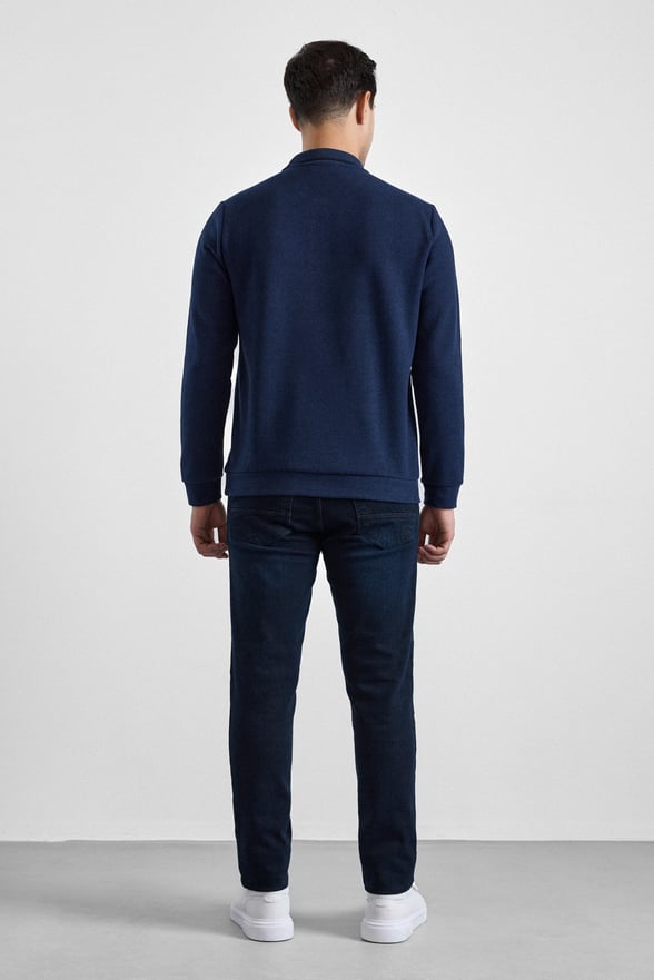 Lacivert Regular Düz Polo Yaka Sweatshirt