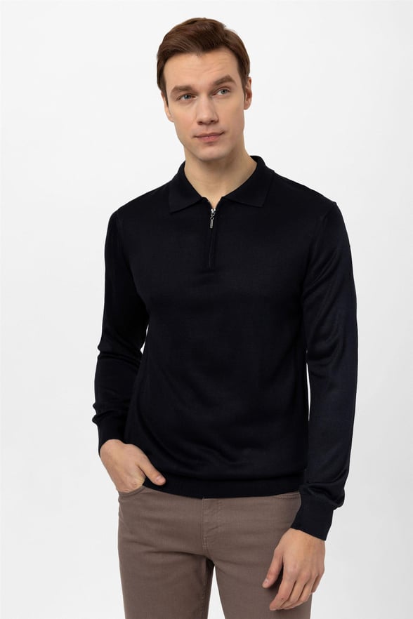 Lacivert Regular Düz Polo Yaka  Triko