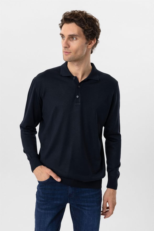 Lacivert Regular Düz Polo Yaka Triko